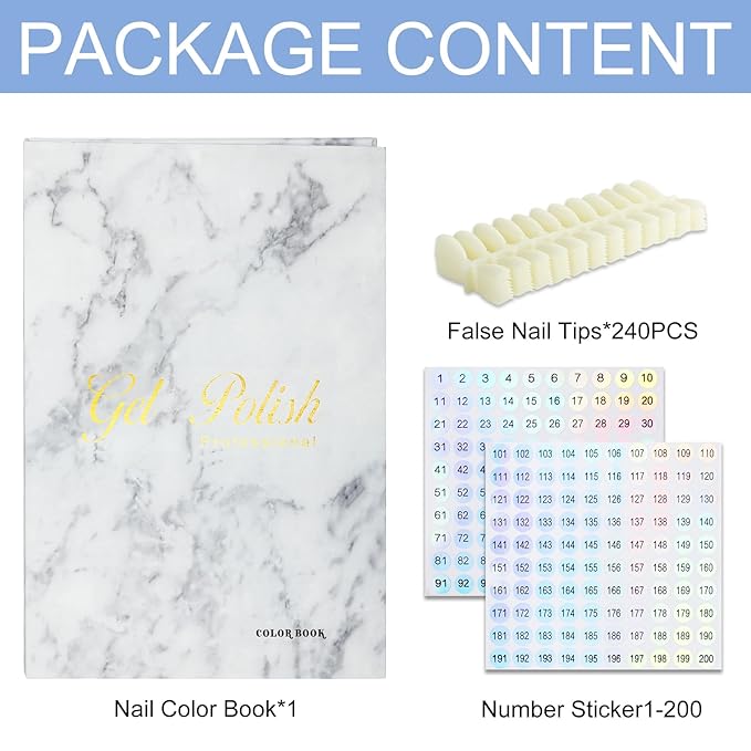 160 Nail Color Book,with 240 Flase Tips & 1-200 Number Sticker Labels,Professional Nail Color Swatches Book for Polish UV Gel(White)