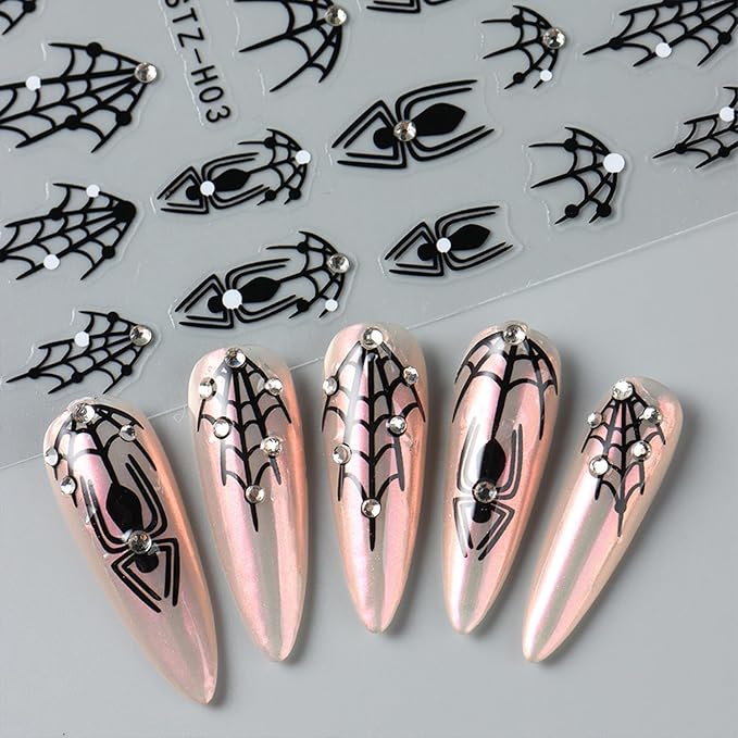 8 Sheets Halloween Nail Art Stickers Decals Colorful Bat French Tip Nails Stickers Black Spider Web Blood Drop Nails Decals Self-Adhesive Skeleton Nail Art Decal for Women Halloween Decor