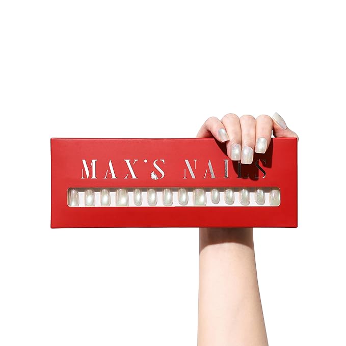 Max’s Chrome & Cat Eye Square Press-On Nails | 32-Piece Nail Kit including Both Adhesive Tab & Nail Glue (Oyster Pearl, Small)