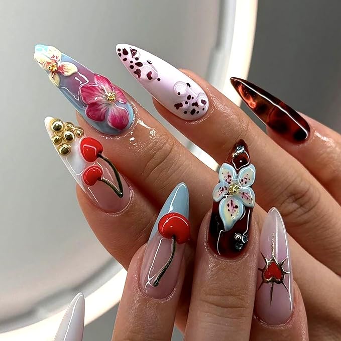 Handmade Press on Nails Medium Almond MABKJLF Fake Nails 3D False Nails with Flower Cherry Leopard Print Gold Ball Designs Glossy Glue on Nail Full Cover Acrylic Nails for Women Girls 24Pcs