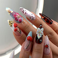 Handmade Press on Nails Medium Almond MABKJLF Fake Nails 3D False Nails with Flower Cherry Leopard Print Gold Ball Designs Glossy Glue on Nail Full Cover Acrylic Nails for Women Girls 24Pcs