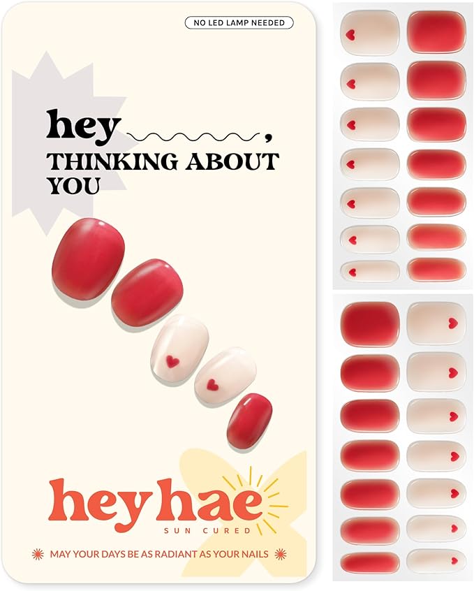 Heyhae Semi Cured Gel Nail Strips | No LED Lamp Needed | Solid, Red | Easy Apply & Remove, Salon Quality | Includes 28 Strips, 1 Prep Pads, Nail File & Wooden Stick - Hey, Thinking About You