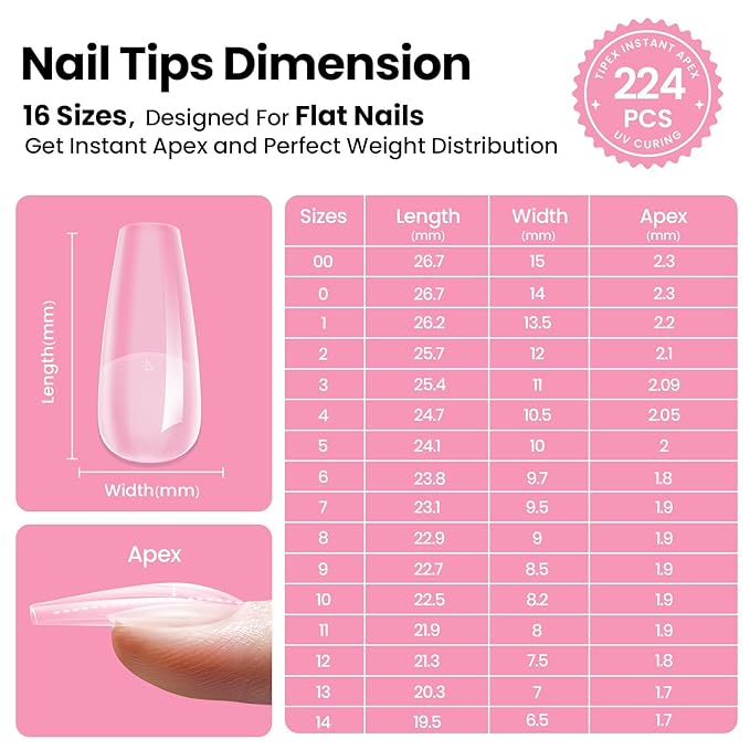 Beetles Tipex Pre-Building Instant Apex Nail Tips Kit – Coffin Medium, 224PCS in 16 Sizes | Pre-Etched, Thick Full Cover Acrylic Tips with Nail Glue, Dehydrator, Primer, Base & Top Coat, Mini UV Lamp