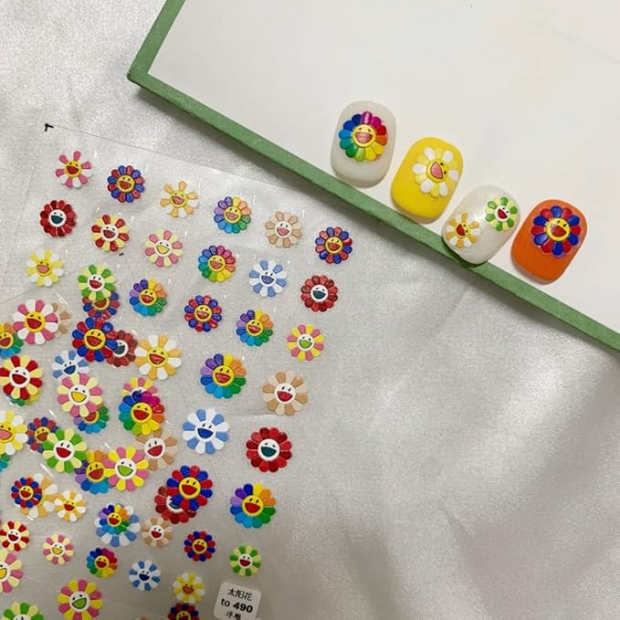 New Sunflower Nail Art Sticker Decals 5D Embossed, Summer Sun Happy Flower Rainbow Nail Art Decoration Sticker (3 Sheets)