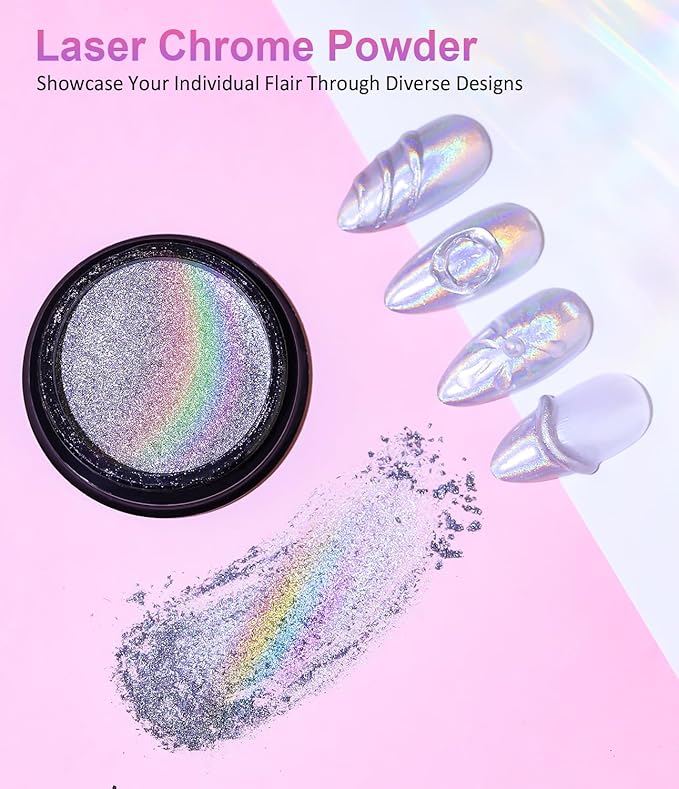 Magic Chrome Nail Powder: Iridescent Mirror Holographic Nail Powder,Metallic Pearl Effect Laser Chrome Nail Powde r for Salon Home Nai l Art DIY Design