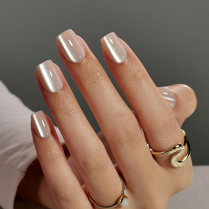 Cat Eye Nude Press on Nails Square - SHANGMENG Soft Gel Press on Nails Short for Women Gift, Fit Perfectly & Natural Stick on Nails with Glue in 16 Sizes - 32 Reusable Fake Nails, Light Nude