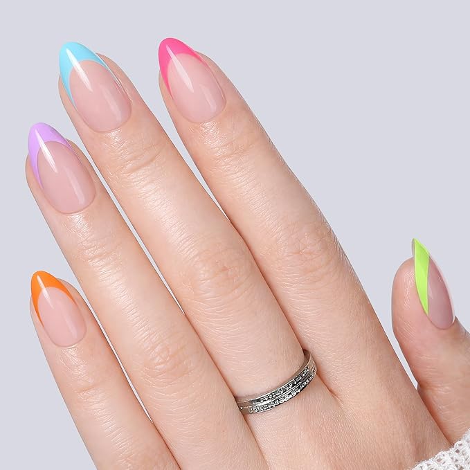UNA GELLA 32Pcs Soft Gel Press on Nails - 16 Sizes Multi-color French Tip Almond Glue on Nails, Reusable Neon Pastel Rainbow False Nails, Full Cover Acrylic Nail Kit for Women DIY Home Manicure
