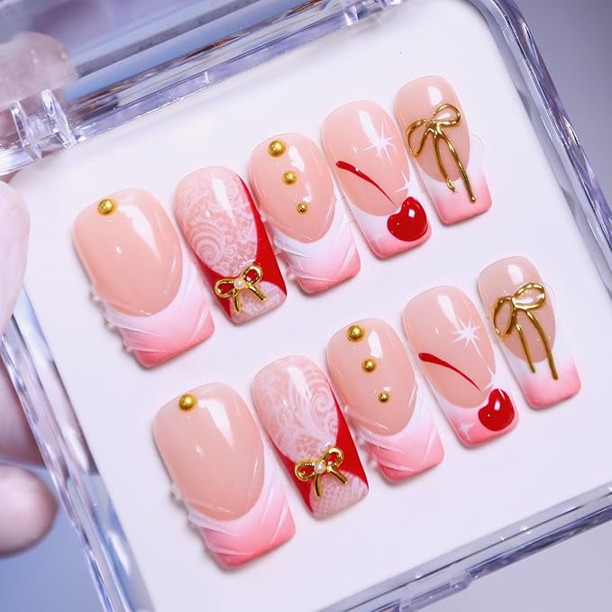 Press On Nails, 10 Pcs Handmade French Square Fake Nails, Reusable Artificial Unique 3D False Nails for Women 3D Acrylic Nails Kit (Size M)