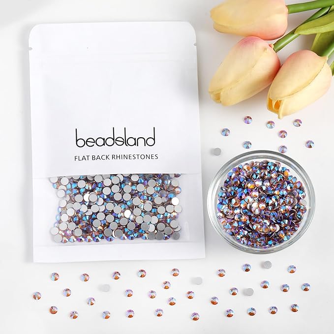 Beadsland 1440pcs Flat Back Crystal Rhinestones Round Gems for Nail Art and Craft Glue Fix, Champagne AB, SS8, 2.3-2.5mm