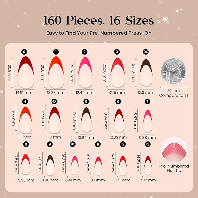 Beetles X Press Red French Tip Press On Nails - Rouge French | 5 Colors Short Almond Press On Nails Valentines | 16 Sizes 160 Pcs Natural Salon Quality For Valentines Nails