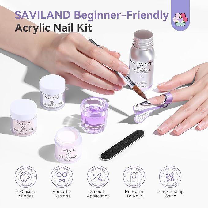 SAVILAND Acrylic Nail Kit for Beginners: Clear Pink Nude Acrylic Powder and Liquid Set with #12 Nail Brush File Forms Dappen Dish for Acrylic Nails Extension & 3D Carving Home DIY Salon Manicure