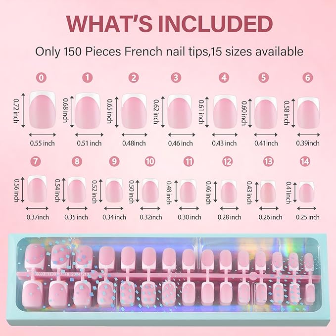 Vansiho Pink French Gel Nail Tips, 150Pcs Short Square Soft Gel Nail Tips, French Tips Press on Nails, Fake Nails for Nail Art DIY 15 Sizes