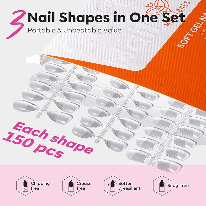 Modelones Medium & Short Almond & Short Square nail tips - Multi-type 3 Styles Set Gel Tips Half Matte Full Cover Clear Acrylic Gel Kit Fake Nails for Extension DIY Salon 450Pcs 15Sizes