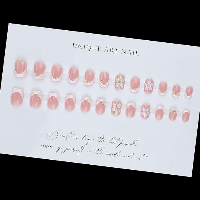 Short Press on Nails Square - White French Tip Fake Nails with Flower Design - Spring Stick on False Nails - for Women 24 Pcs