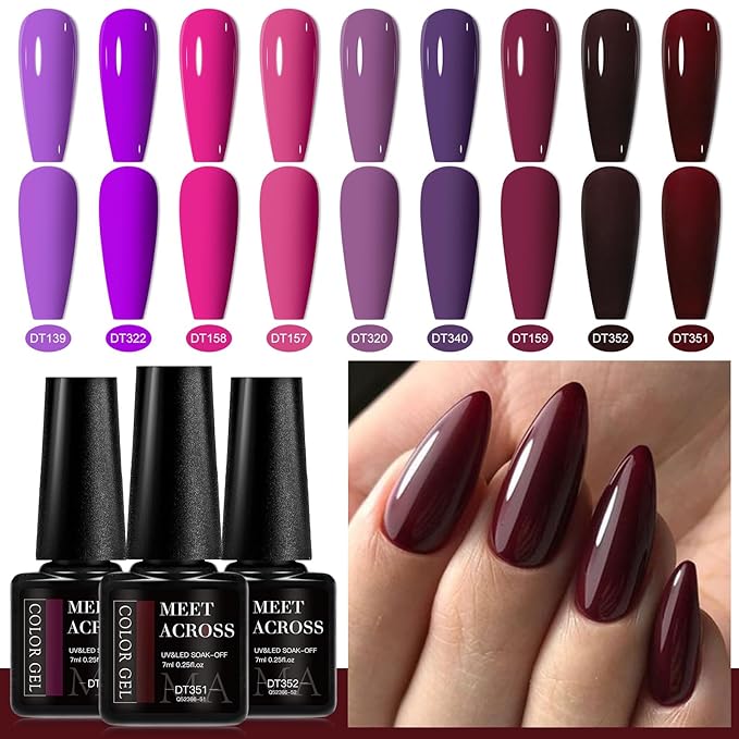 MEET ACROSS 12pcs Gel Nail Polish Set,Soak Off UV LED Lamp Gel Nail Polish Kit,Fashion Shimmer Nail Art Design Gifts for Women Manicure Salon (Purple Red)