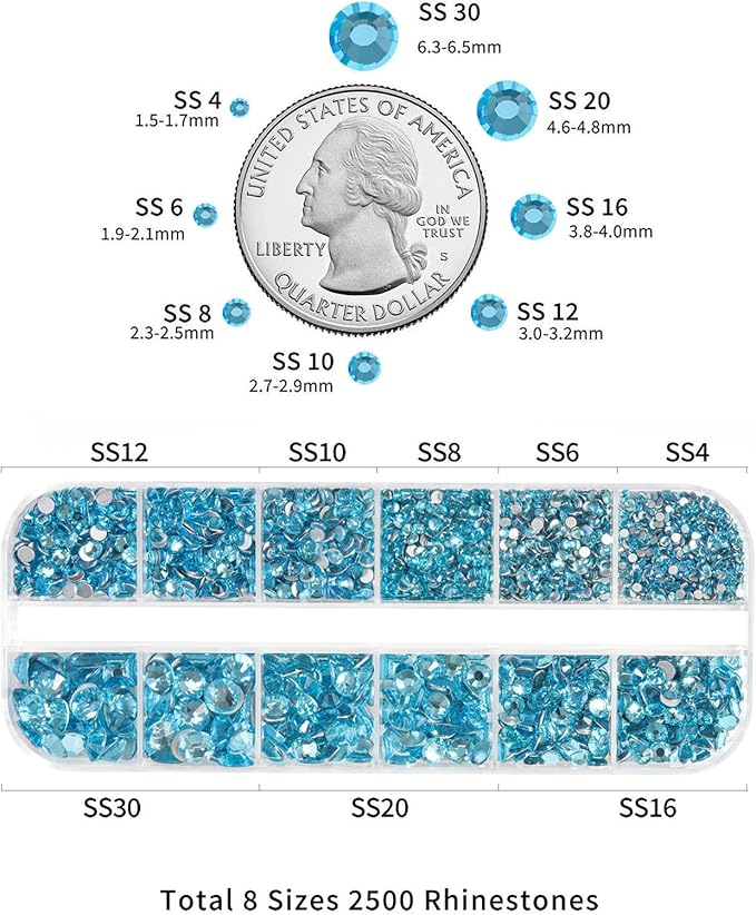 Beadsland Rhinestones for Makeup,8 Sizes 2500pcs Blue Flatback Rhinestones Face Gems for Nails Crafts with Tweezers and Wax Pencil,Aquamarine,SS4-SS30