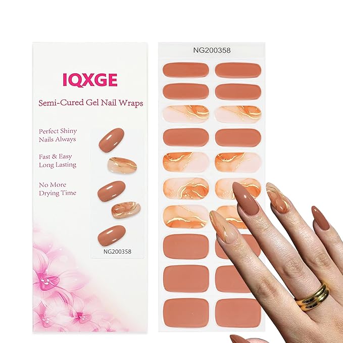 20Pcs Semi Cured Gel Nail Strips Brown Orange Gel Nail Stickers UV/LED Light Needed Glossy Self Adhesive Marble Nails Polish Strips with Gold Line Design Full Polish Nails Wraps for Women