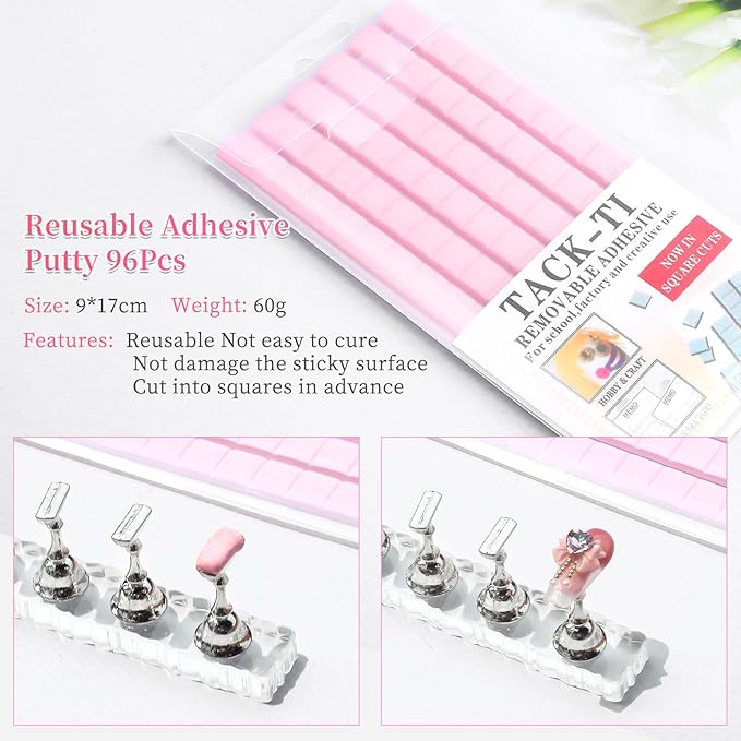BQAN 2 Set Nail Holder for Painting Nails, Transparent Acrylic Nail Stand for Press on / Fake Nail Tips Training / Nails Display with 96 Pcs Reusable Adhesive Putty (Clear)