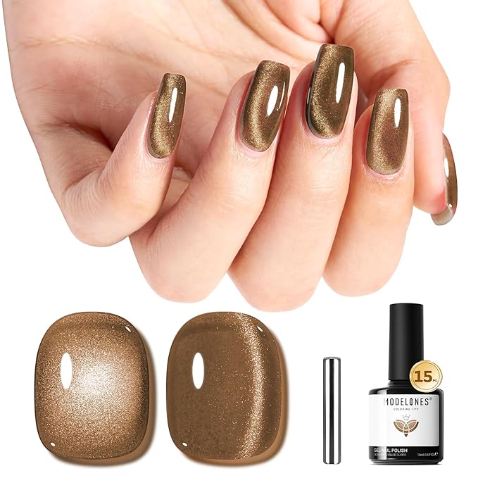 modelones Brown Cat Eye Gel Nail Polish Latte Shimmer 9D Magnetic Cateye Gel Nail Polish UV LED Soak Off Winter Nail Manicure 15ML