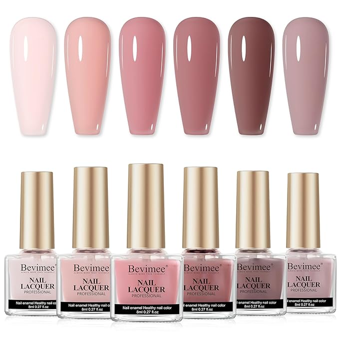 Pink Quick Dry Nail Polish Set 6 Colors Vegan Nail Lacquer Nude Brown Air Dry Glitter Fingernail Polish Regular Neutral Wedding Color Non Gel DIY Salon Valentine's Day Gift for Women