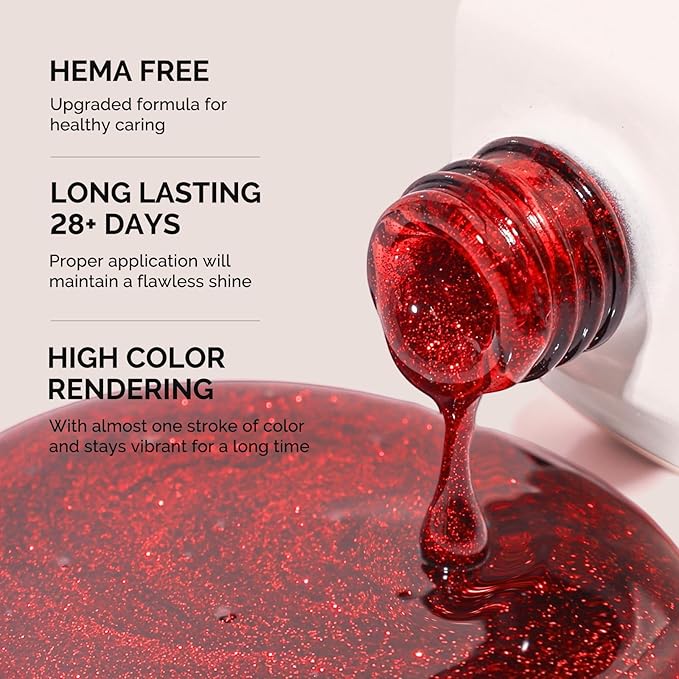 MelodySusie Hema Free Gel Nail Polish, 0.5 Fl Oz Thick Red Shimmer Gel Polish, Non-Toxic, Long Lasting, Soak Off UV Nail Polish, Manicure Nail Design Salon DIY Nail Art at Home B3802