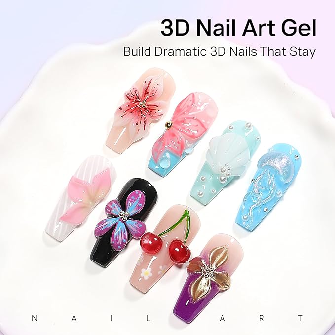 MIZHSE 3PCS 3D Nail Art Gel Clear and White Solid Builder Gel for Nails, 5 in 1 Non-Sticky Sculpture Hard Building Gels with Dual Form for 3D Carving Patterns Flowers for Beginner DIY Salon at Home