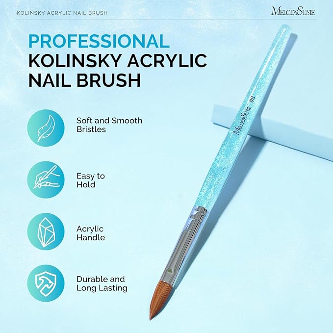 MelodySusie Kolinsky Acrylic Nail Brush,66% Kolinsky Hair Professional Nail Art Brush for Acrylic Application, Aurora Collection Fine Glitter Brush, Blue, Size 8