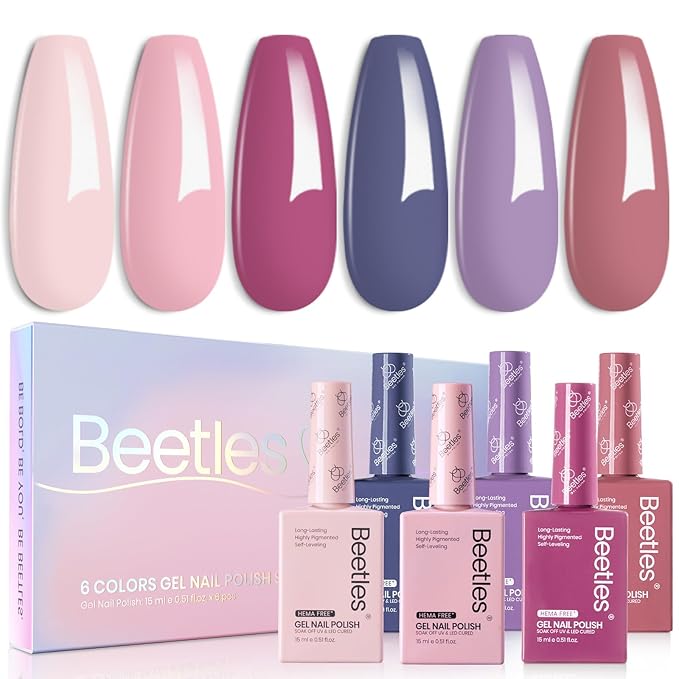 Beetles Hema-Free Gel Polish Set - 6 Colors 15ml Baby Pink Purple Gel Nude Pink Spring Colors Gel Polish Kit Soak Off Uv LED Nail Lamp DIY Home Manicure Salon Serene Afternoon