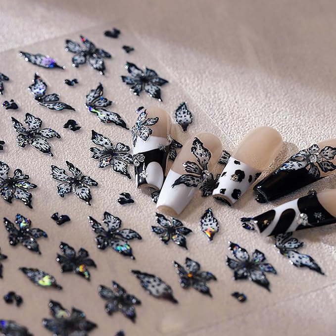 1 Sheets Embossed Flower Nail Stickers For Nail Art Holographic Laser Spring Flowers Nail Decals Black Blue Floral Nail Decor 5D Self-Adhesive Spring Butterfly Nail Art Stickers for Women Nails Design