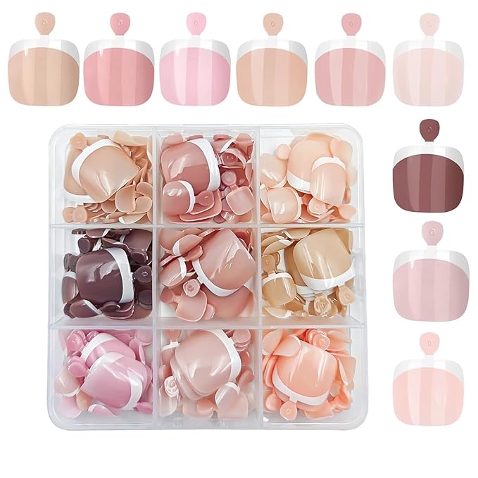 9Packs 216Pcs French Tip Press on Toe Nails Short Square Fake Toenails Glossy Chrome Acrylic Nails Nude Nature Artificial False Toe Nail Glue on Nails for Women Girls Manicure Nails Decoration