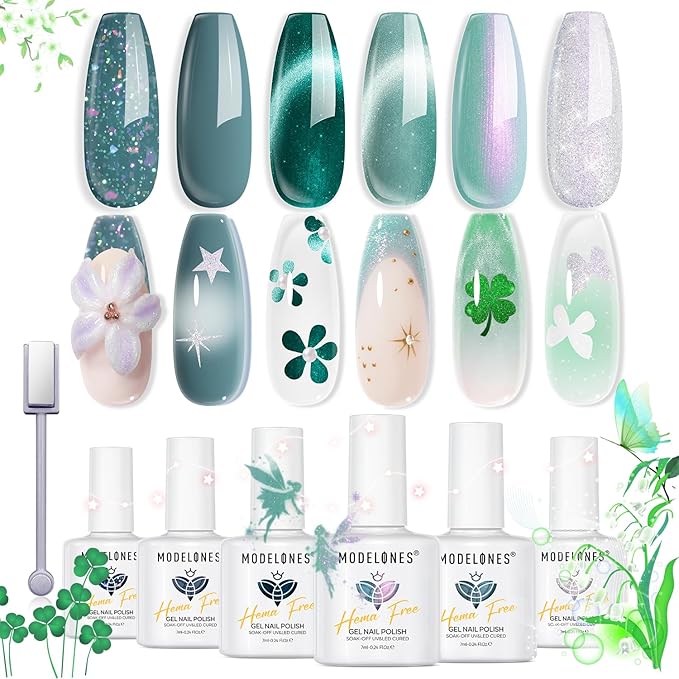 modelones Gel Nail Polish, 6 Colors Hema Free 9D Green Glass Cat Eye Sliver Green Glitter 2026 St Patricks Spring Nail Polish Kit with Magnet Soak Off LED Winter Cateye Nail Art Gel DIY Salon