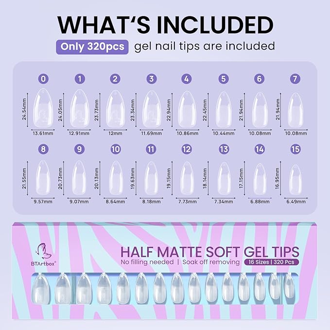 BTArtbox Half Matte Soft Gel Nail Tips - 320pcs Pre-Shaped Almond Nails, Full Cover Acrylic Fake Nails Medium, Clear Ultra Fit & Natural False Nails for Nail Extension, 16 Sizes