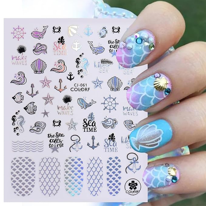 Summer Nail Art Stickers 6 Sheets Shell Nail Decals 3D Self-Adhesive Nails Design Accessories Palm Tree Jellyfish Mermaid Stickers for Women Nails Decoration