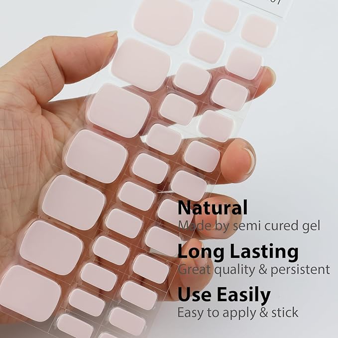 32 Pcs Semi Cured Gel Toe Nail Strips Milky White Gel Nail Stickers Full Cover Nails Wraps Self Adhesive Toe Nails Polish Strips Stickers for Women UV/LED Light Required