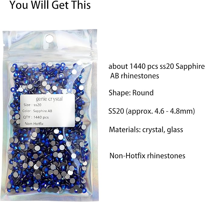 Genie Crystal 1440 PCS Sapphire AB Rhinestones Flatback SS20, 4.8 mm Dark Blue Aurora Borealis Glue on Glass Rhinestones Strass for DIY Crafts, Shoes, Dance Costumes, Tumbler, Bling Decoration