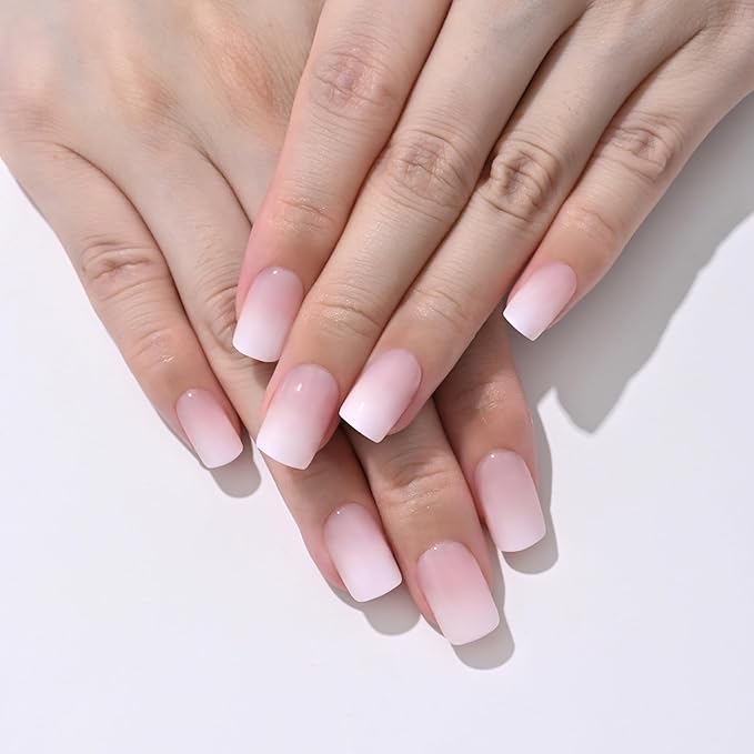 Light Pink Ombre Press On Nails Short Square, Gradient French Tip Designer Fake Nail Reusable Real Acrylic Nails for Women, Glossy Soft Gel False Nail with Glue On Nails,Wedding Stick On Nail