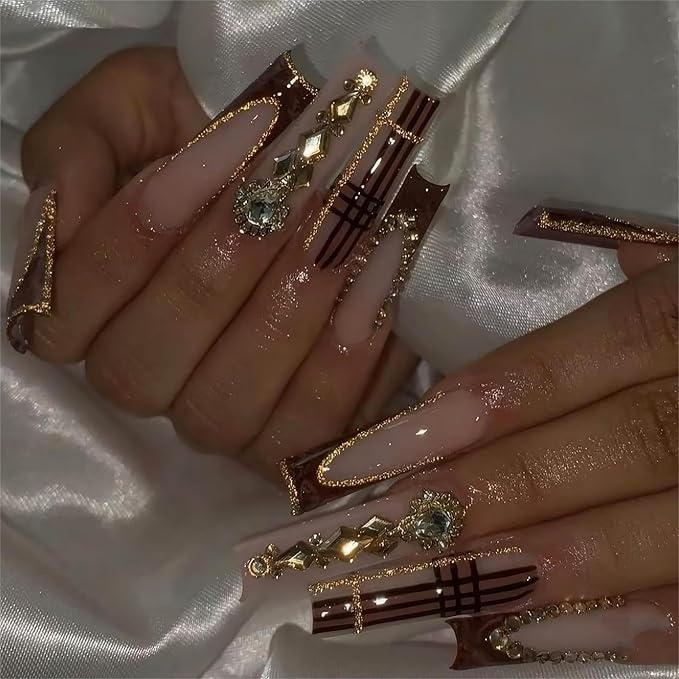 Long Press on Nails Square Xl Fake Nails French Tip Glue on Nail with Designs False Nails Rhinestones Acrylic Long Square Nails Press Ons Stick on Nail for Women 24Pcs