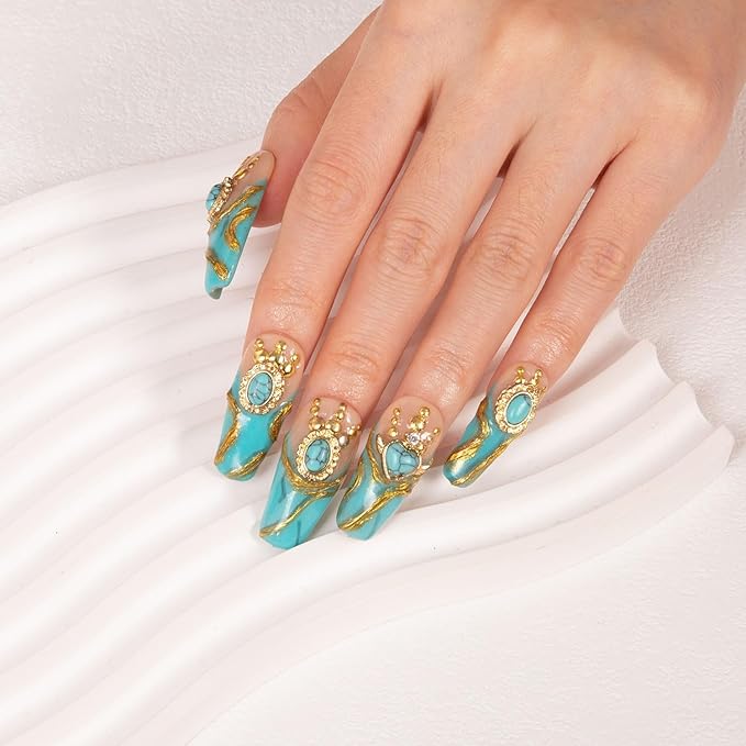 LOVFUL Press on Nails Turquoise Blue French Tip | Handmade with Full Covered Crystals | Reusable Full Cover Nails | Coffin Classic Regular 1.3 in | H122-S
