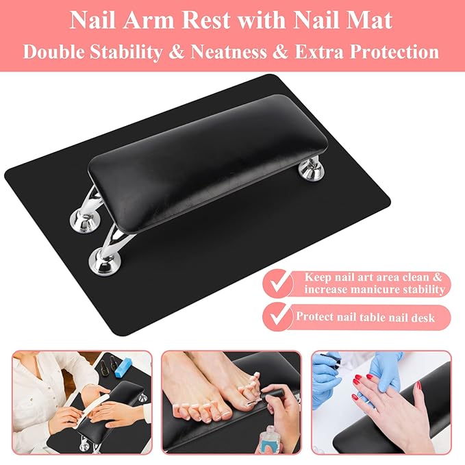 Nail Arm Rest for Acrylic Nails with Nail Table Mat, Microfiber Leather Nail Hand Rest Cushion for Nails, Soft Hand Pillow Footstool with Foldable Nail Art Hand Rest Pad for Nail Tech Use (Black)