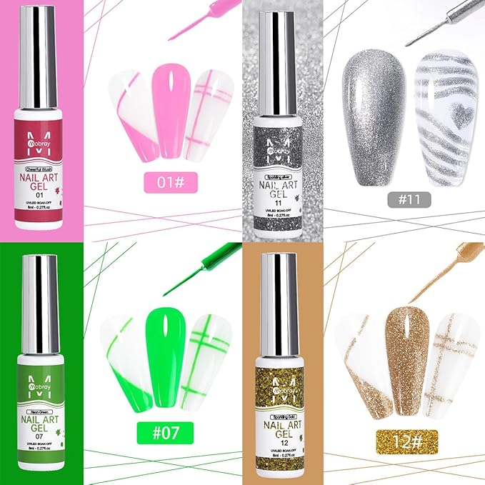 Nail Art Liner Gel Polish Set, 12 Colors Kit With Neon Pink Green Painting and Thin Brush, Soak off Black White Drawing for French Tips, Wave Swirls Nail Design