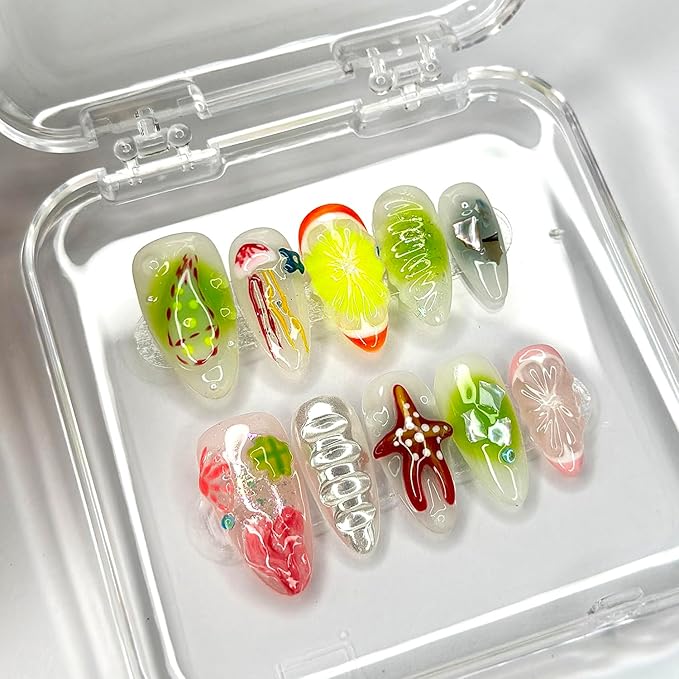 Luxury Press on Nails Medium Almond Handmade 3D Unique Reusable ABS Material Fake Nails French Tip False Nails with Designs Fruit Starfish Art Glossy Glue on Nails Thick Acrylic Nails(S)