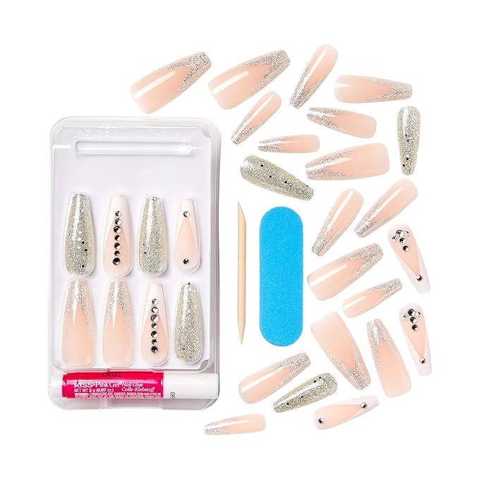 KISS Classy, Press On Nails, Nail glue included, 'Sophisticated', Silver, Extra-Long Size, Coffin Shape, Includes 30 Nails, 2g glue, 1 Manicure Stick, 1 Mini File