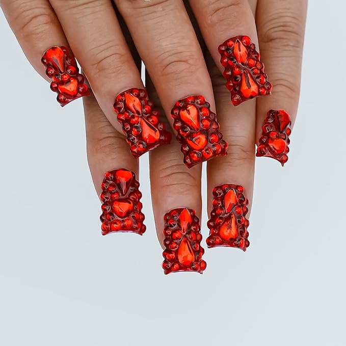 Red Chrome Press on Nails Short Duck, Full Rhinestones Red Heart Fake Nails 3D Luxury Acrylic Duck Nails Thickened False Nails (Crimson Glimmer Enchant,L)