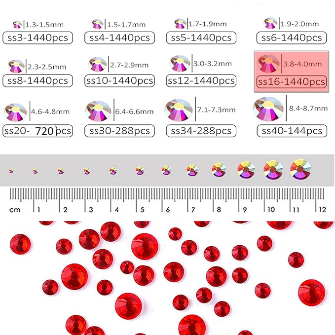 Dowarm 1440 Pieces SS16 Flatback Crystals, 4MM Flatback Non Hotfix Rhinestones for Craft Nails Dance Costumes, Red/Siam