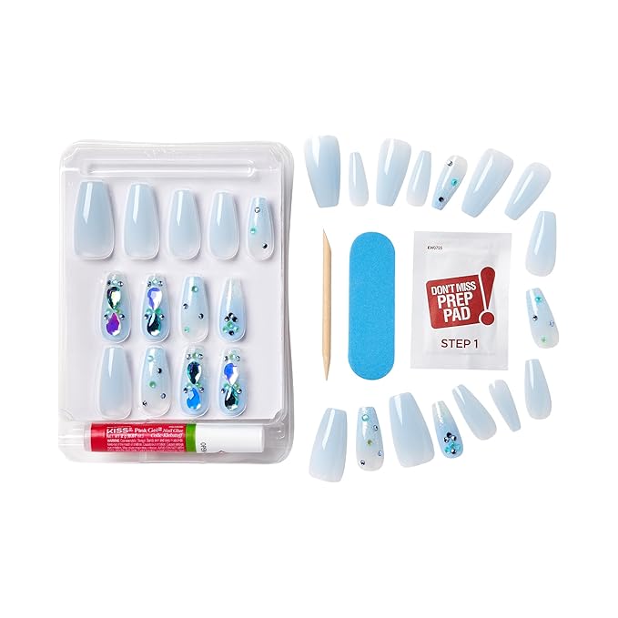 GoldFinger Premium Luxury False Nails Kit, Ready to Wear Fake Nails, Manicure Stick and Glue Included, Long Coffin Shape with 3D Rhinestones, Long-Lasting Hottest Trend Glue on Nails