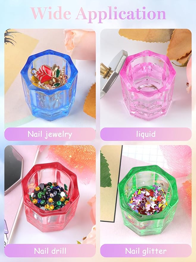 TOROKOM 4 Colors Dappen Dish for Acrylic Nails, Glass Crystal Acrylic Powder Holder with Lid Nail Art Acrylic Liquid Cups Nail Crystal Bowl Glassware Tools for Nail Art Manicure