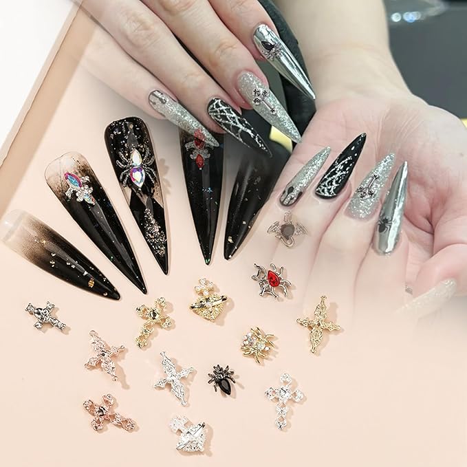 Halloween Nail Charms,68pcs Ghost Head Spider Cross Nail Gems with Rhinestones,Retro Skeleton Planet Crosses Gold Silver Alloy Nail Art Jewelry Decoration for DIY Halloween Nail Design Crafts