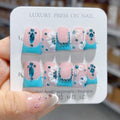 Handmade Press on Nails 3D Blue Rhinestones White Art Petal False Nails with Pink Blue Color Designs Reusable Full Cover Acrylic Thick Press on Nails for Women Girls 10 Pcs （Size M ）