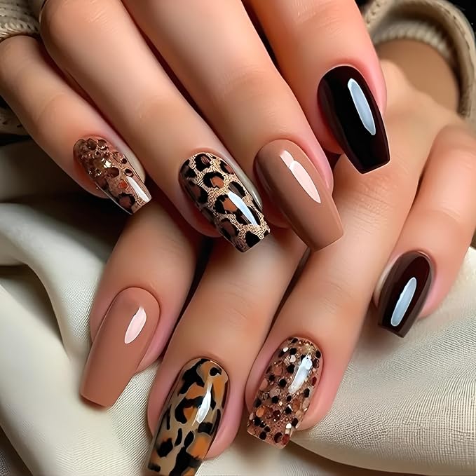 Leopard Print Press on Nails Medium Square Fake Nails Brown Glossy Stick on Nail Glitter Nails Press Ons Fall False Nails Acrylic DIY Glue on Nail for Women and Girls Decoration Set 24Pcs