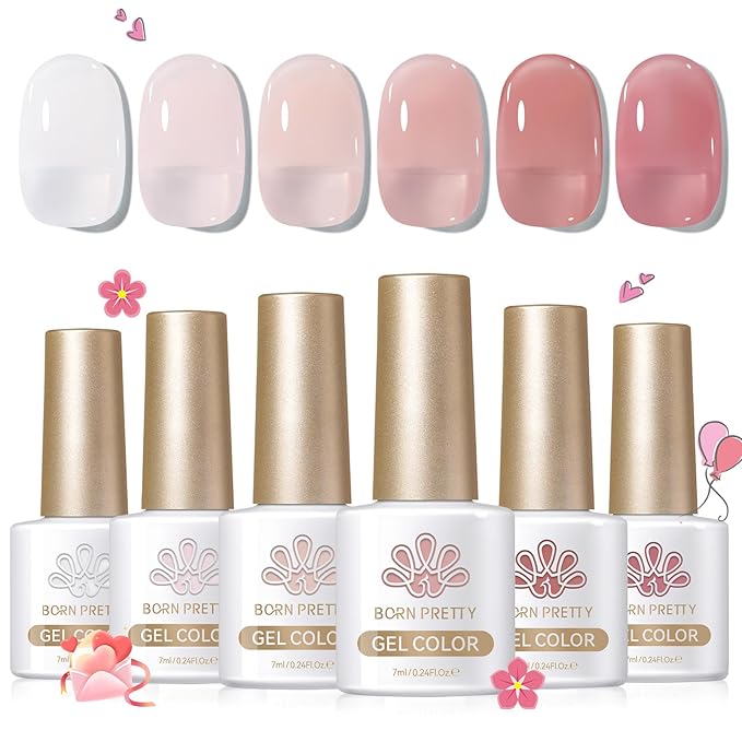 Born Pretty Milky White Jelly Nude Pink Gel Nail Polish Valentine's Day Translucent Natural Sheer Pink Soak Off U v Light Cure Gel Polish Kit for Salon and Nail Art DIY at Home 6Colors